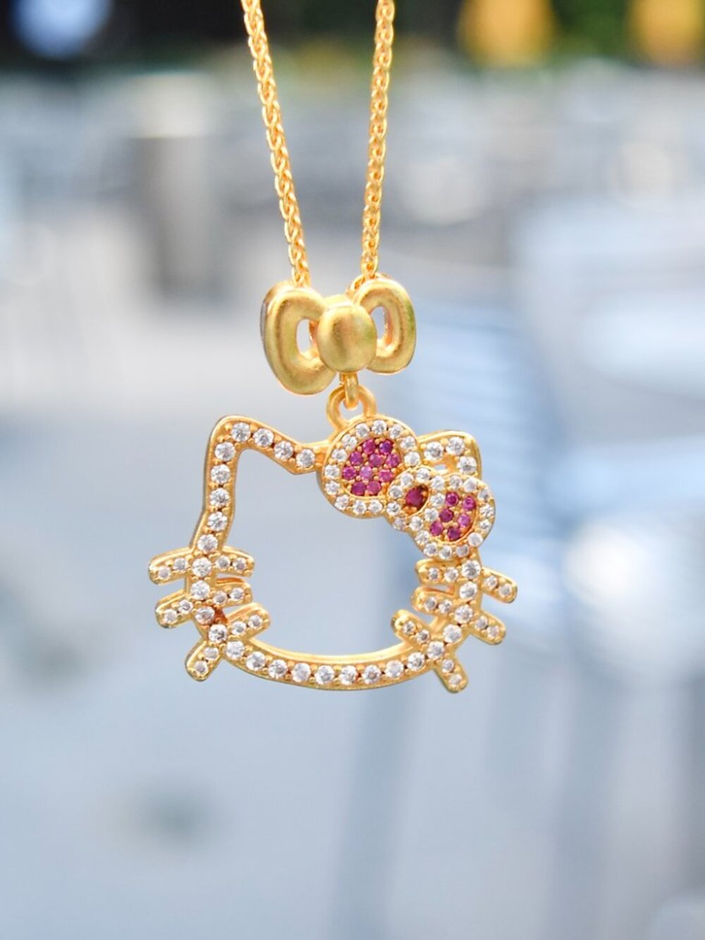 Crystal Kitty Cat Charm Golden Necklace - Sweet Style